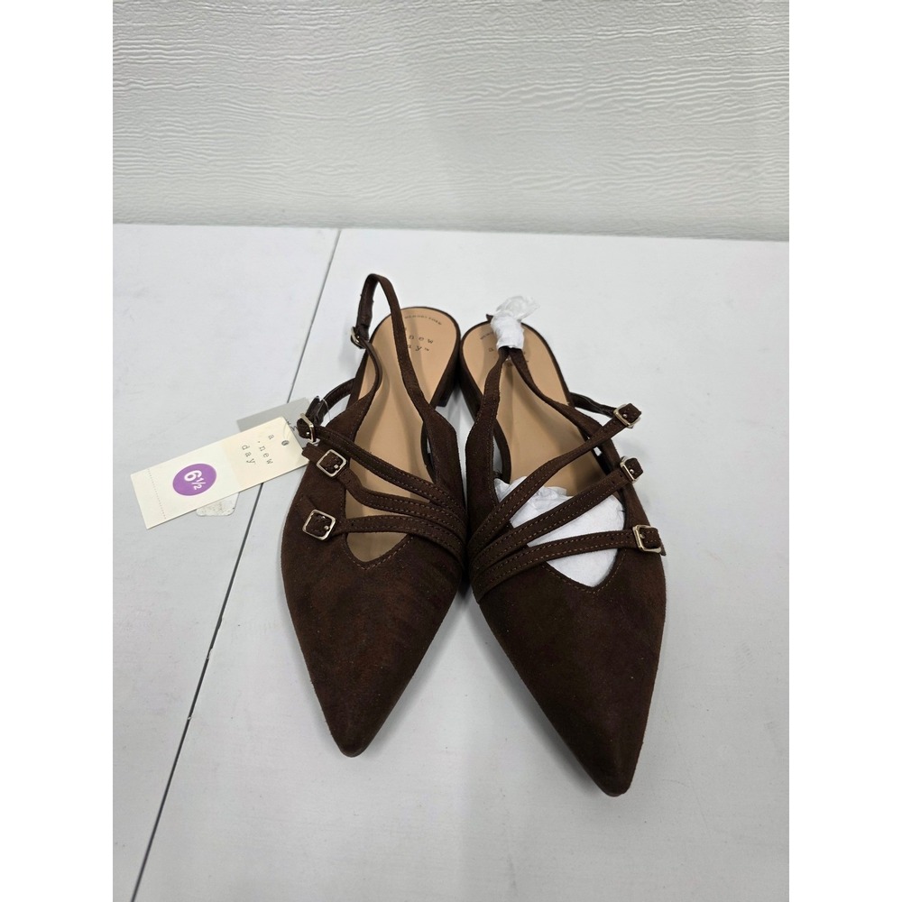 A New Day Brown Faux Suede Multi-Strap Pointed Toe Slingback Flats Shoes 6.5